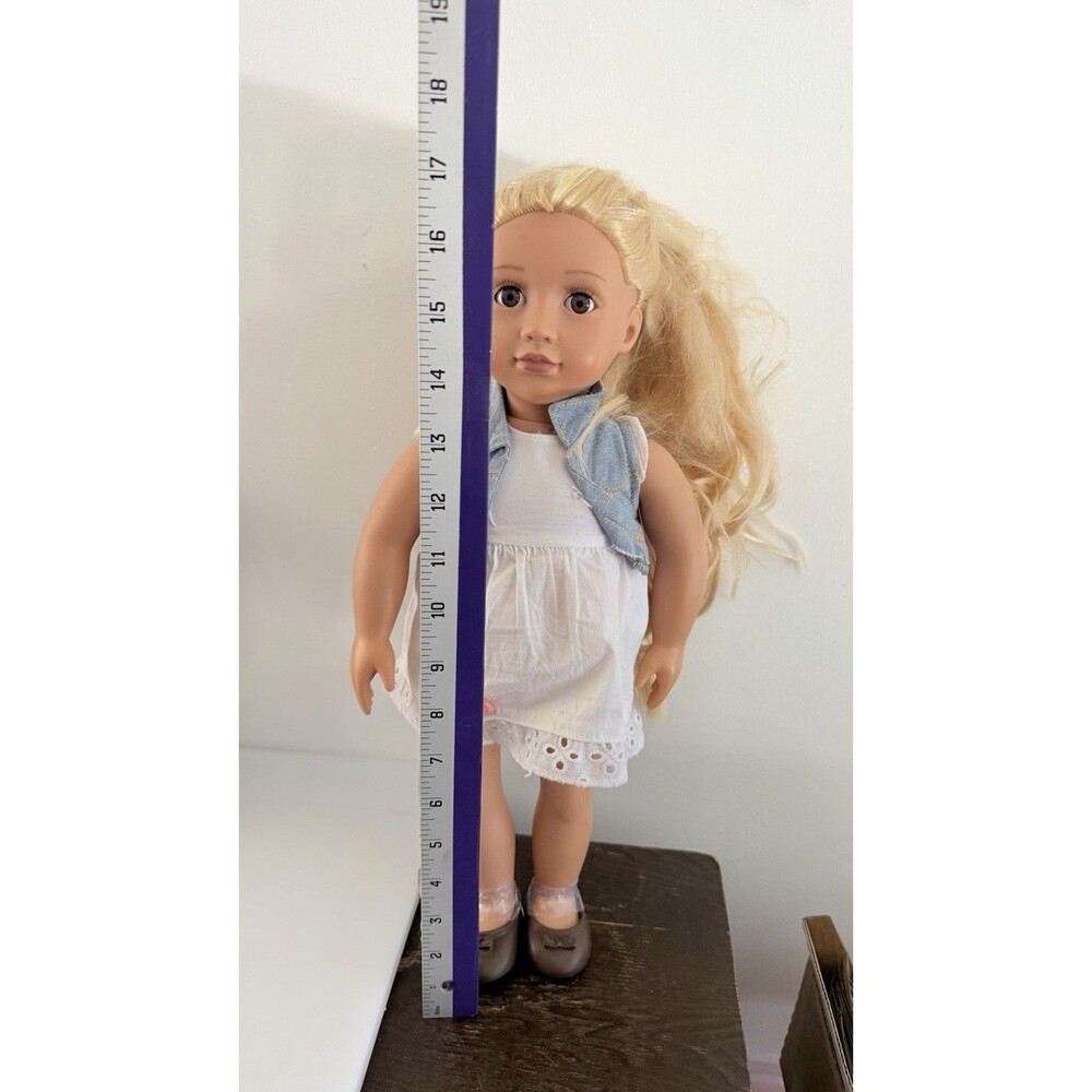 Our Generation Phoebe Hair Grow Doll 18” Blonde Hair Blue Eyes Denim Vest Dress - Picture 2 of 13